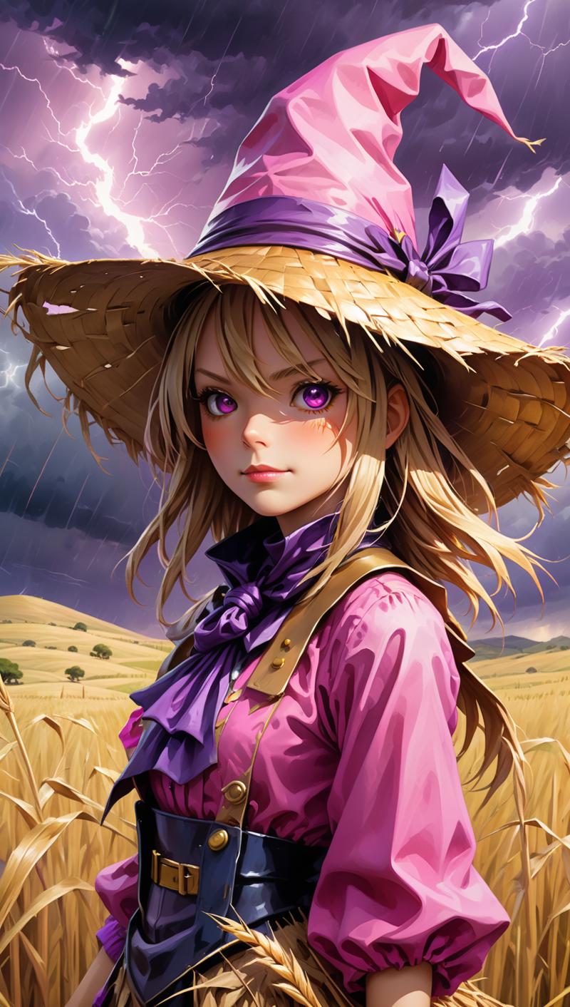 02306-1789733619-A Card Art. Close Up shot, oil painting , ultra detailed illustration of Scarecrow girl, pink and purple clothes, straw hat, bac.png